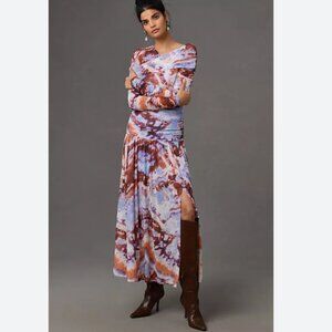 Anthropologie Long Sleeve Watercolor Shirred Midi Dress Purple/Rust Size XS
